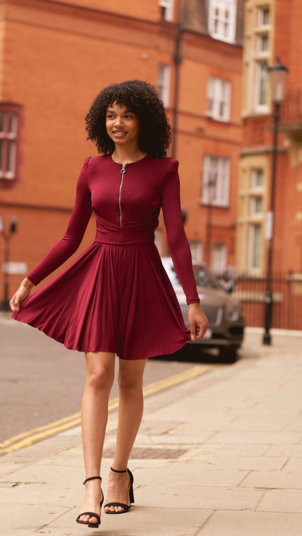 Long-sleeve gathered mini dress