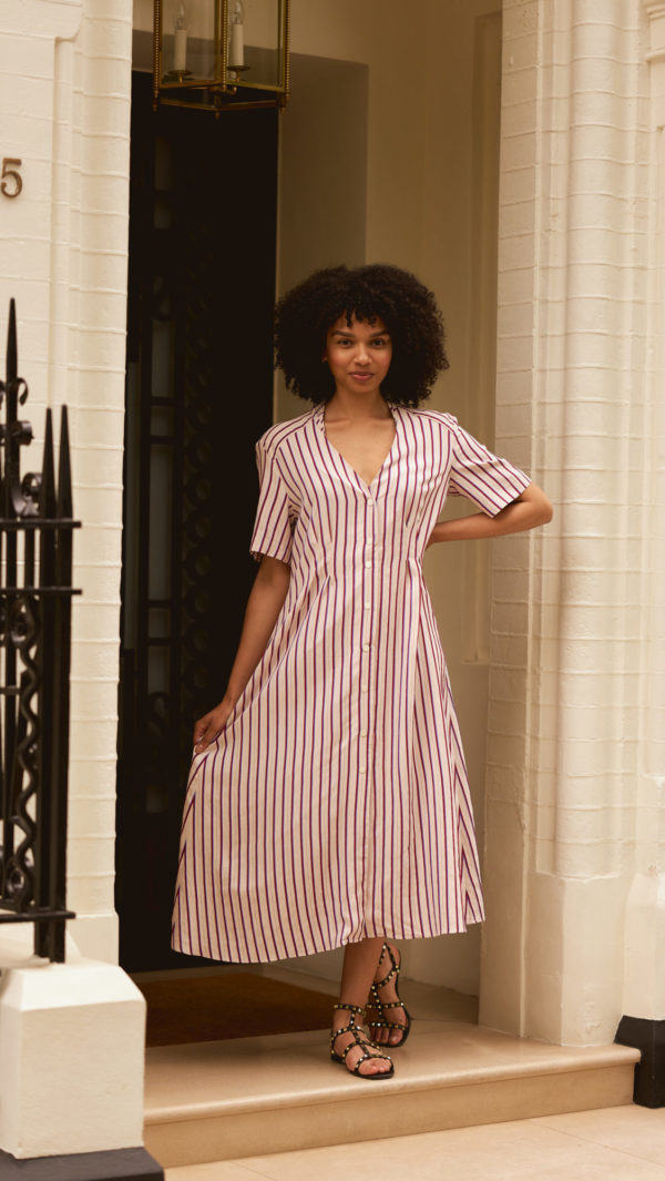 V-neck stripe button up dress