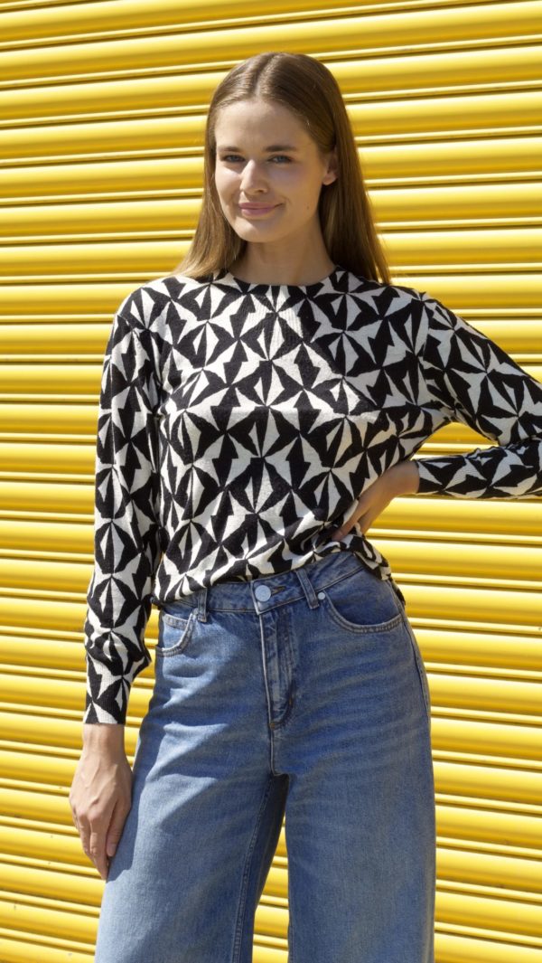 Geometric long-sleeved silk blend jersey