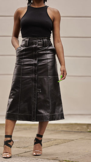 Ganni Black Leather Skirt with Contrast Stitching