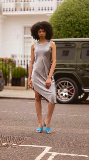 Helmut Lang asymmetric hem silver midi dress