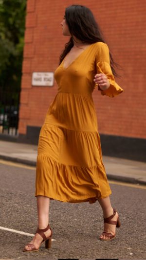 Faithfull The Brand Tiered Burnt Orange Midi Dress