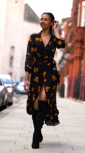 Ganni black wrap dress with orange floral details