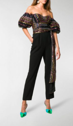 Self-Portrait Puff Sleeve Sequin Jumpsuit