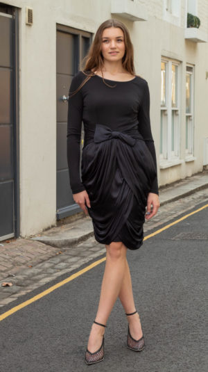 Ugo Zaldi Couture Collection Black Midi Dress with Silk Drapery