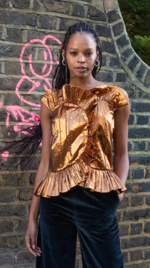 Osman Metallic Gold Strappy Ruffle Top