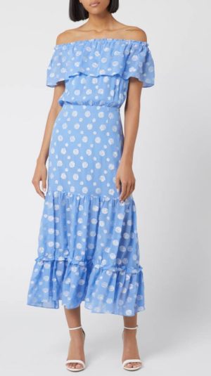 Rixo powder blue metallic spot off the shoulder midi dress