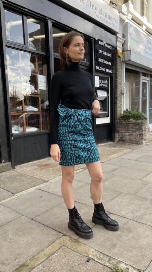 Lavin blue draped bow leopard print skirt