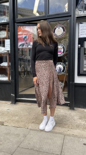 RIXO silk leopard print skirt