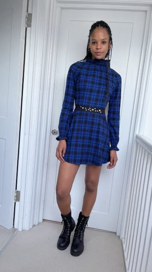 Maje belted checked cotton-flannel mini dress royal blue