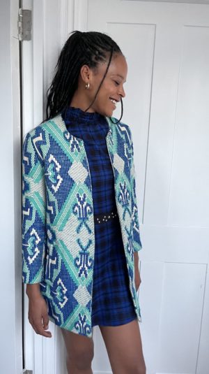 Maje green and blue jacquard coat