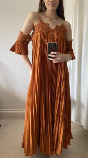 Self-Portrait Burnt Orange Pleated Maxi Dress