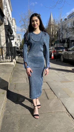 Chloe Sheer Silk Blue Glitter Maxi Dress