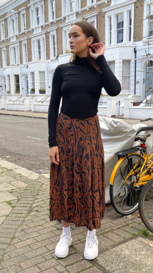 RIXO silk tiger stripe midi skirt