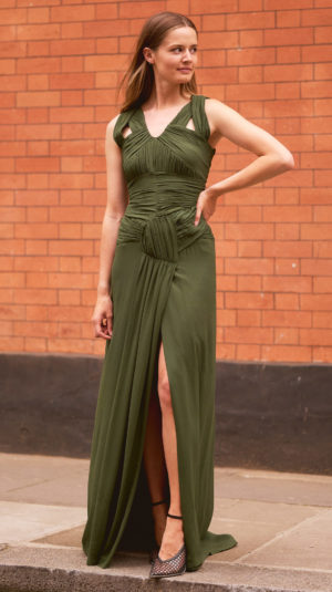 Burberry Prorsum Green Ruched Detail Silk Dress