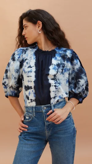 Sea – blue puff sleeve blouse