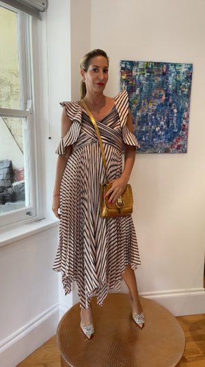 Self-Portrait Stripe Midi Dress in Nude and Black