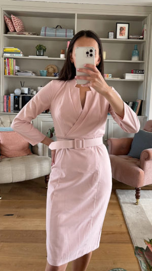 DKNY Long Sleeve Pink Belted Dress