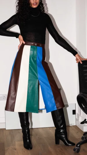 Kitri Faux Leather Striped Midi Skirt