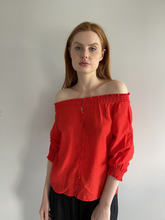 Maje Button Up Red Off The Shoulder Top – StyleSwap