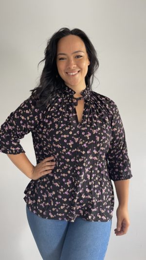Paul & Joe Button Up High Neck Black Floral Blouse