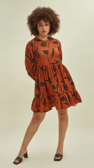 Mother Of Pearl Rust Leaf Print Midi Dress