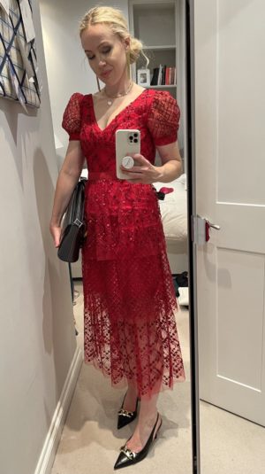Self Portrait Red Sequin Midi Dress