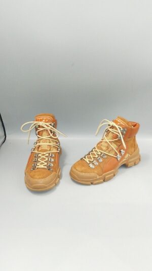 GUCCI Flash Trek Boots UK 3 EU 36 Brown Tan Canvas Hiking Lace-Up GG Suede